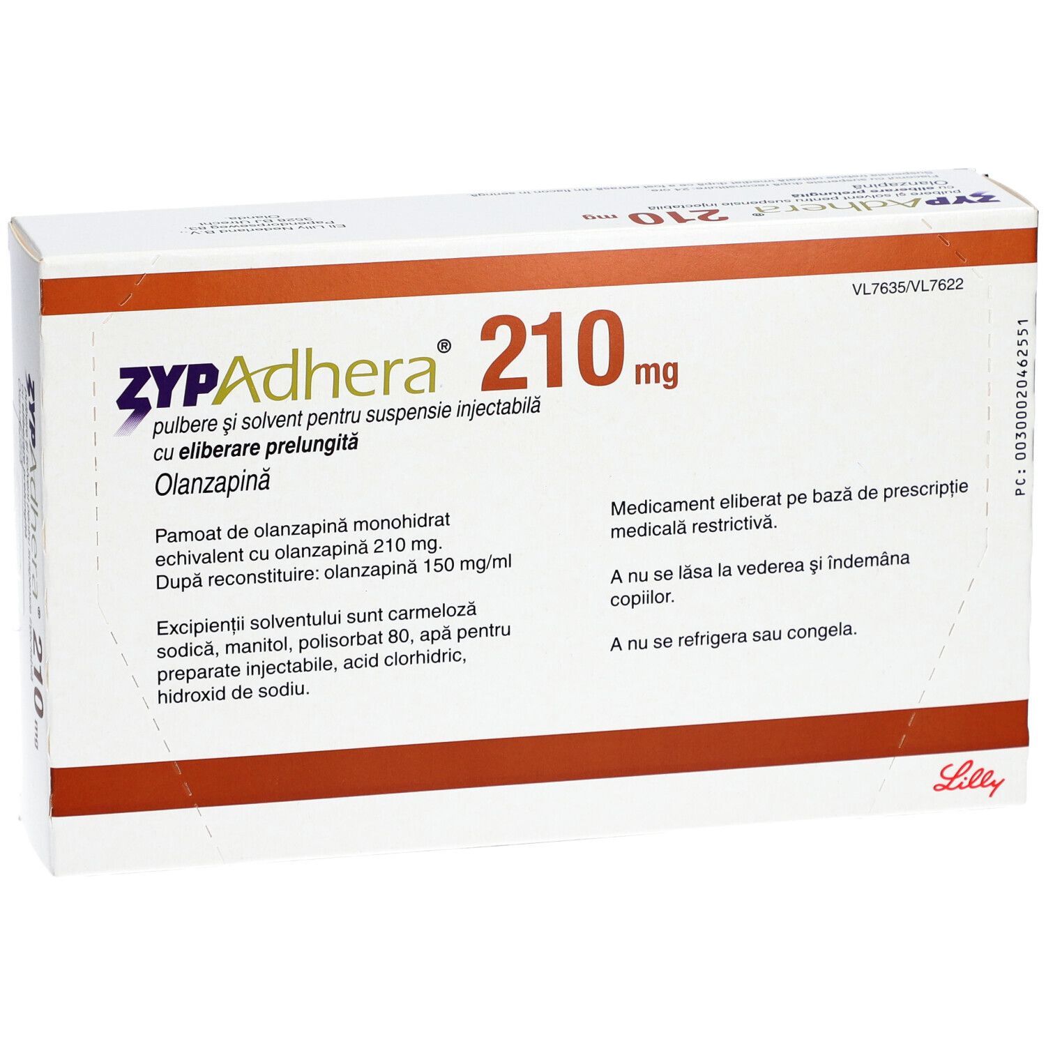 Zypadhera 210 mg-Verpackung. Weißer Karton mit roter und schwarzer Schrift. Enthält Informationen zu Olanzapin.