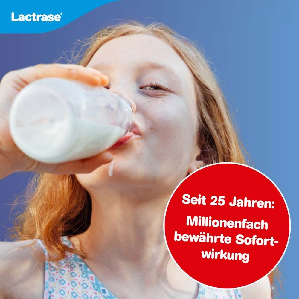 Mädchen trinkt Milch aus einer Flasche. Text: Seit 25 Jahren: Millionenfach bewährte Sofortwirkung. Lactrase Logo.