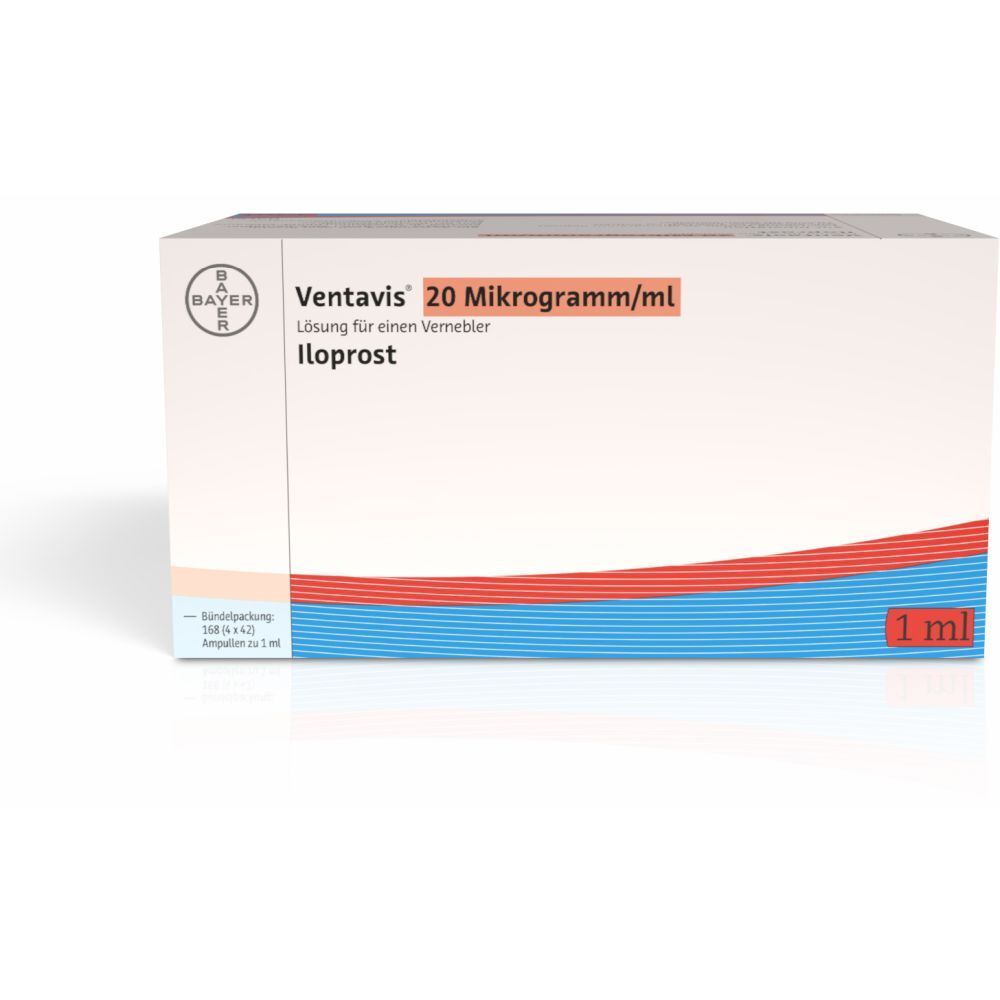 Weißer Karton mit roter und blauer Linie. Aufschrift: Ventavis 20 Mikrogramm/ml, Iloprost, Bayer-Logo. Volumen: 1 ml.