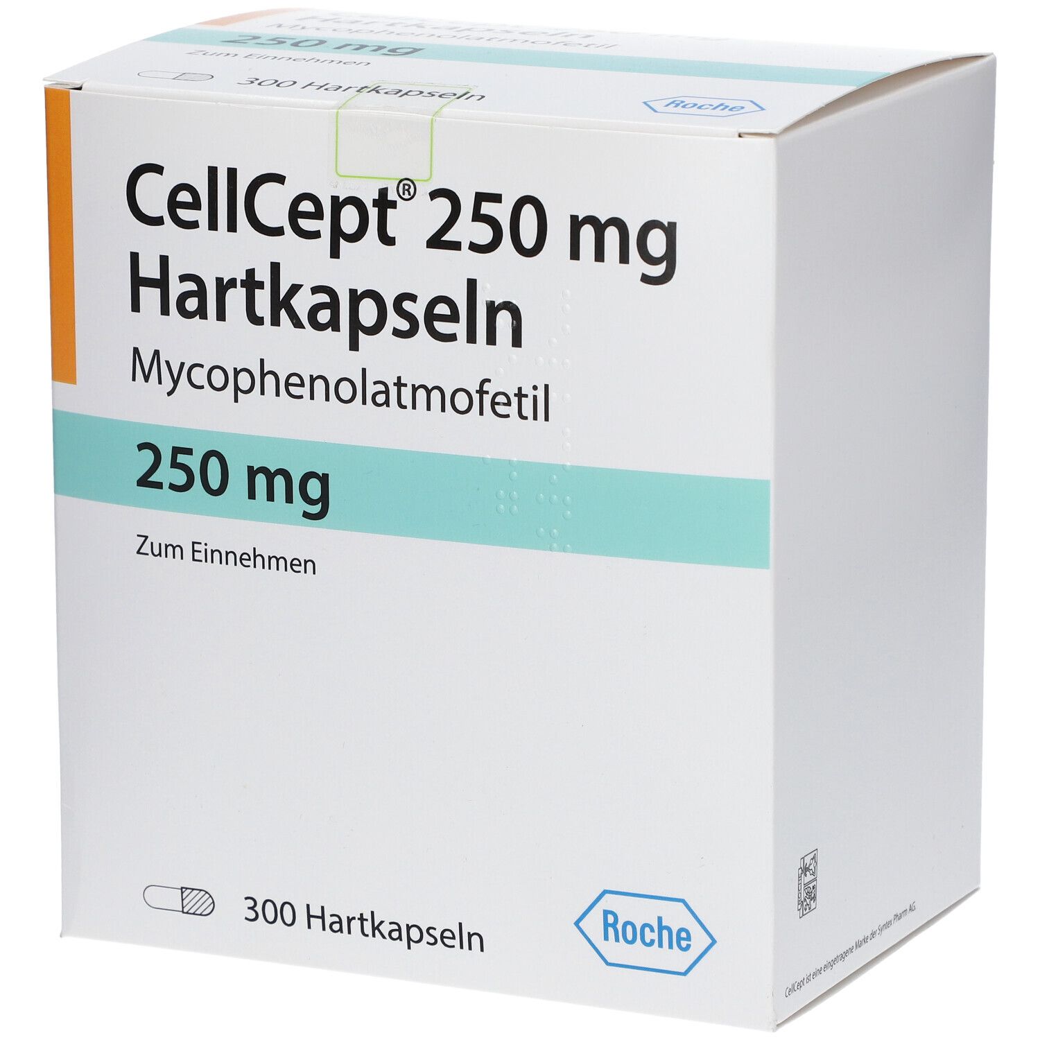 Karton CellCept 250 mg Hartkapseln. Aufschrift: 250 mg, Zum Einnehmen, 300 Hartkapseln. Roche-Logo.