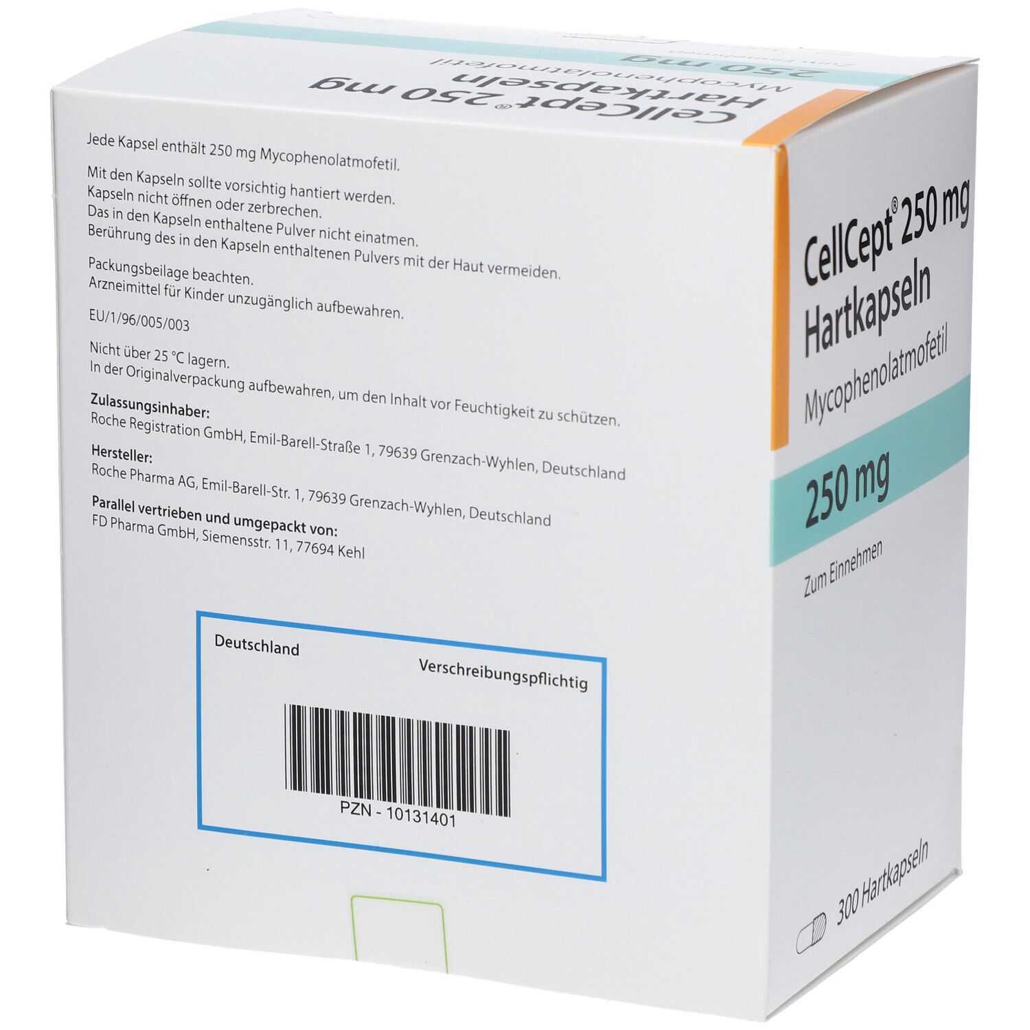 Rückseite der CellCept 250 mg Hartkapseln-Verpackung. Text: Inhaltsstoffe, Hersteller, Chargennummer, PZN-Nummer, Barcode.