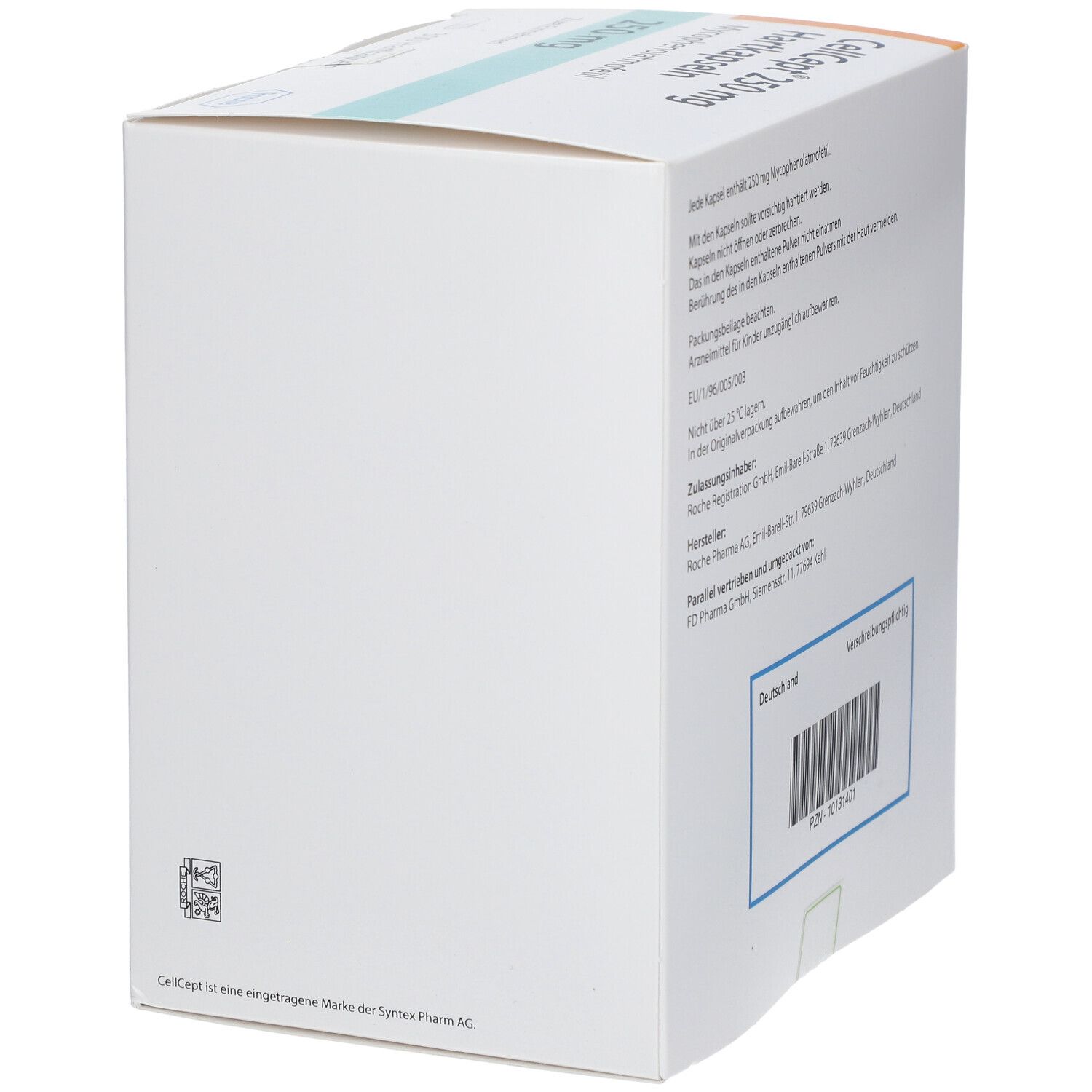 Leere Rückseite der CellCept 250 mg Hartkapseln-Verpackung. Barcode und Herstellerinformationen.