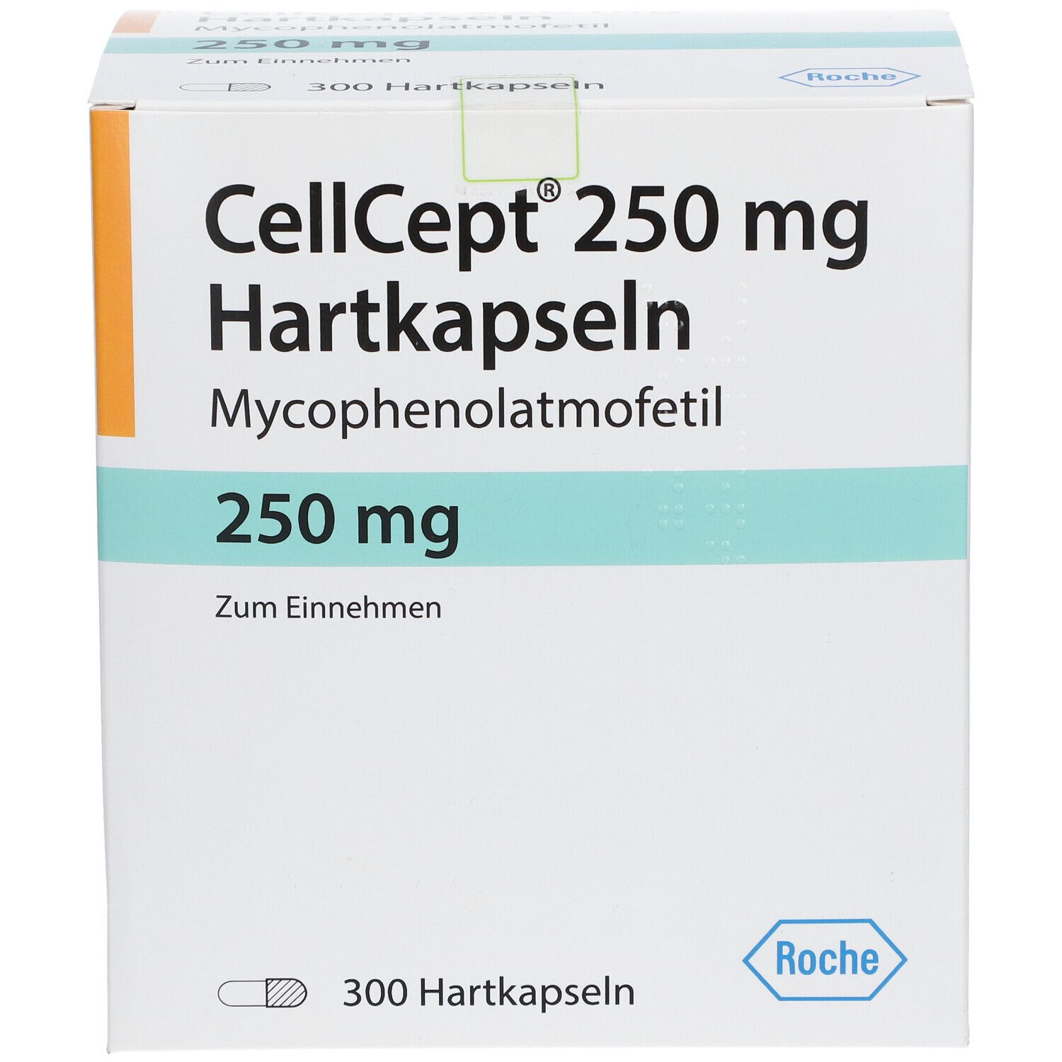 Karton CellCept 250 mg Hartkapseln. Aufschrift: 250 mg, Zum Einnehmen, 300 Hartkapseln. Roche-Logo.