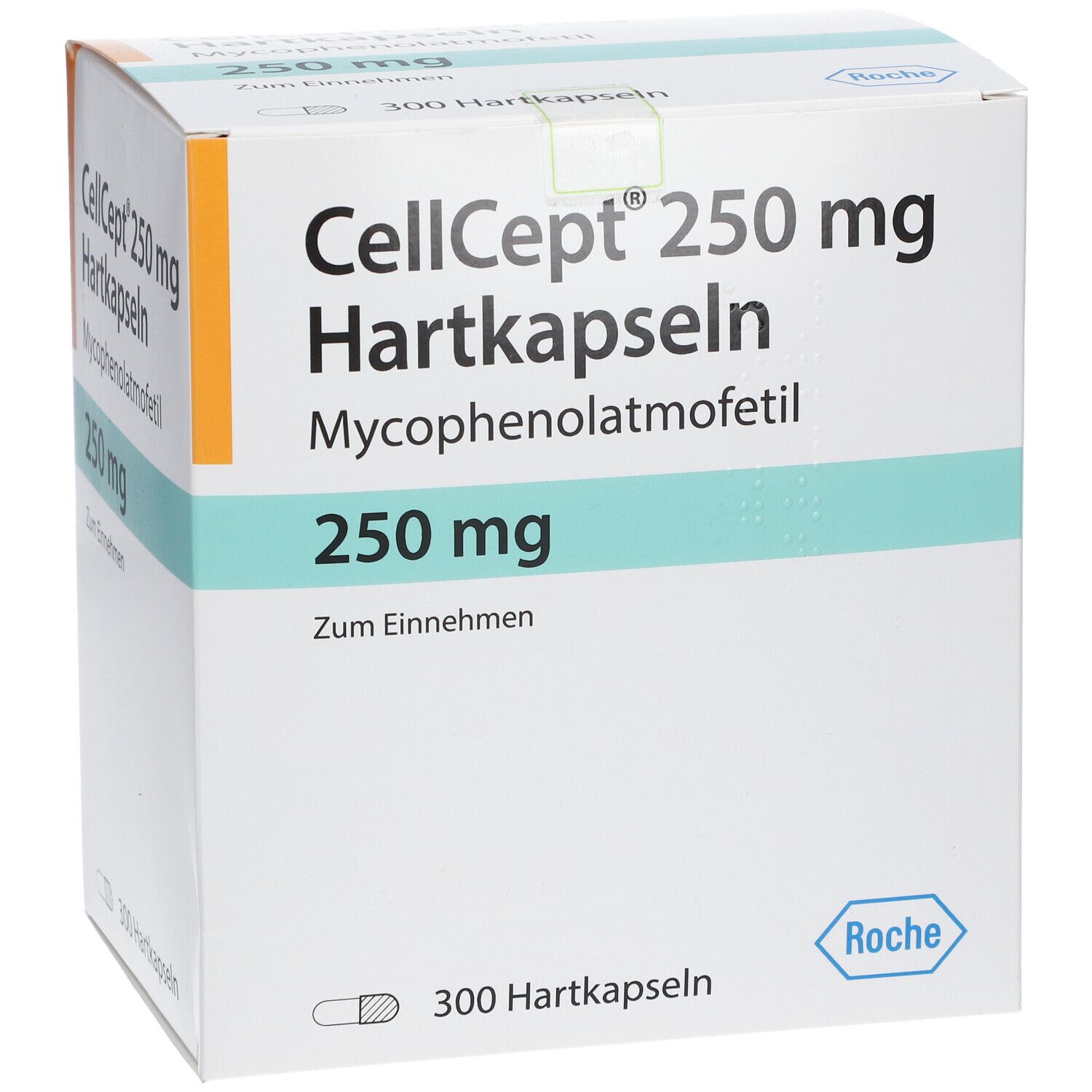Karton CellCept 250 mg Hartkapseln. Aufschrift: 250 mg, Zum Einnehmen, 300 Hartkapseln. Roche-Logo.