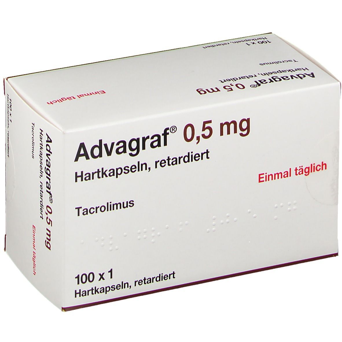 Weiße Schachtel mit Aufschrift Advagraf 0,5 mg, Hartkapseln, retardiert. Enthält 100 x 1 Kapseln. Text: Einmal täglich.