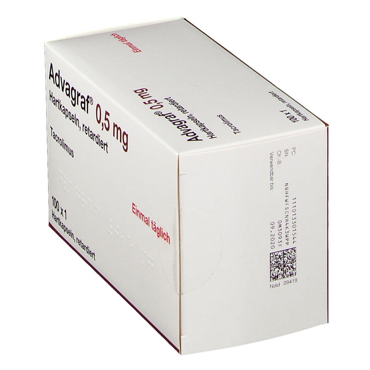 Weiße Schachtel Advagraf 0,5 mg, Hartkapseln, retardiert. Enthält 100 x 1 Kapseln. Text: Einmal täglich. Aufdrucke und Barcode.