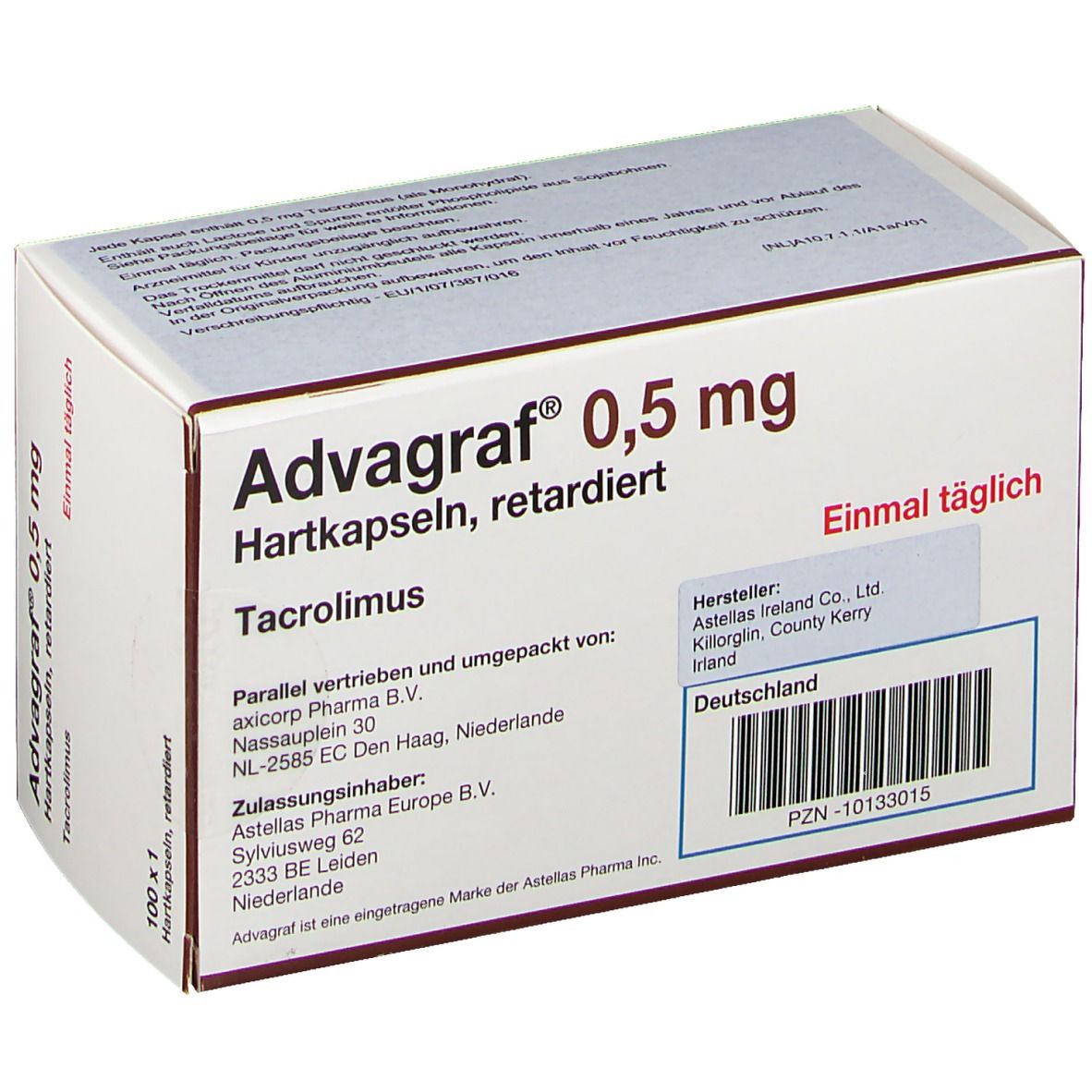 Weiße Schachtel Advagraf 0,5 mg, Hartkapseln, retardiert. Enthält 100 x 1 Kapseln. Text: Einmal täglich. Herstellerinformationen.