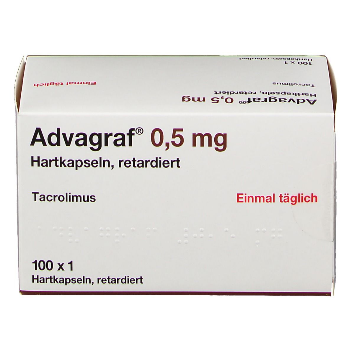 Weiße Schachtel mit Advagraf 0,5 mg, Hartkapseln, retardiert. Enthält 100 x 1 Kapseln. Text: Einmal täglich. Rote Schrift.