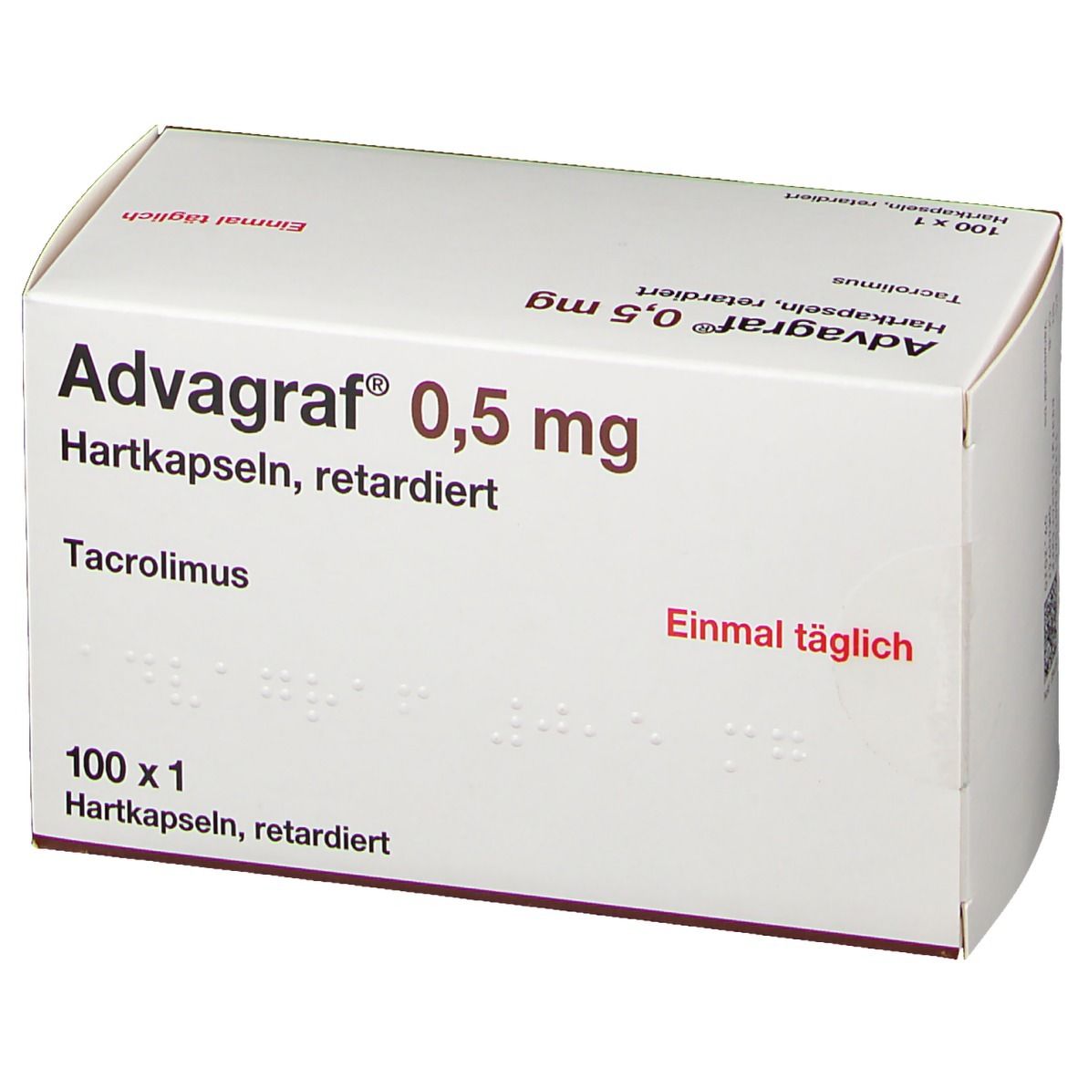 Weiße Schachtel mit Advagraf 0,5 mg, Hartkapseln, retardiert. Enthält 100 x 1 Kapseln. Text: Einmal täglich. Rote Schrift.