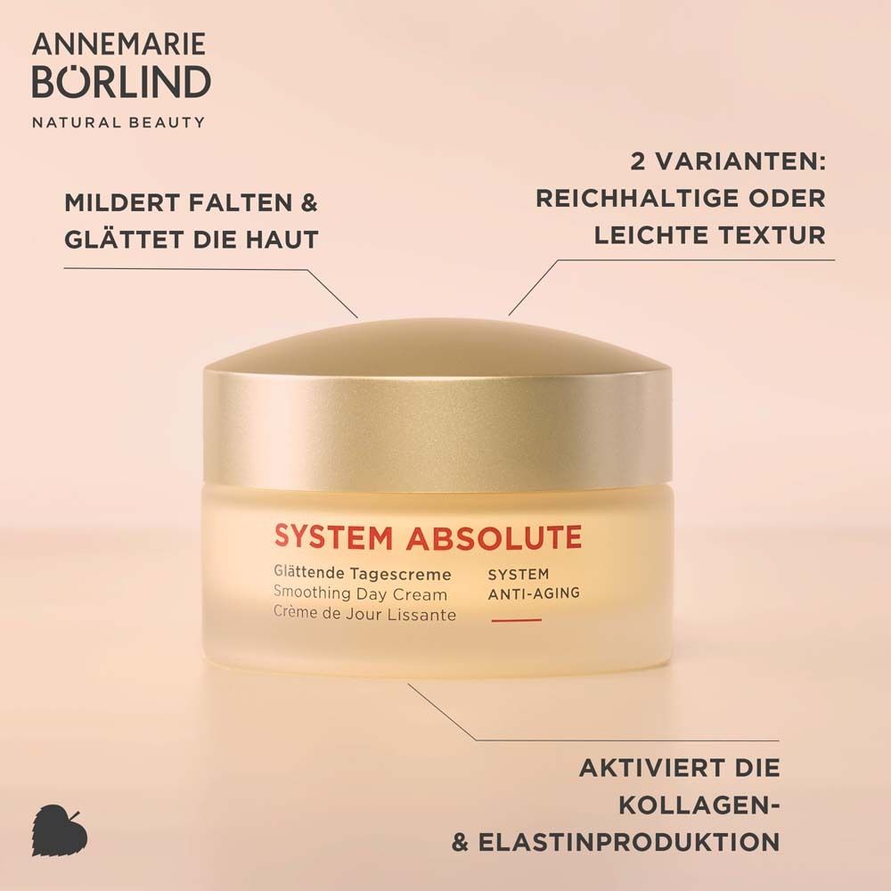 Cremetiegel mit Text. Aufschrift: SYSTEM ABSOLUTE, Glättende Tagescreme, Smoothing Day Cream, Crème de Jour Lissante, SYSTEM ANTI-AGING.