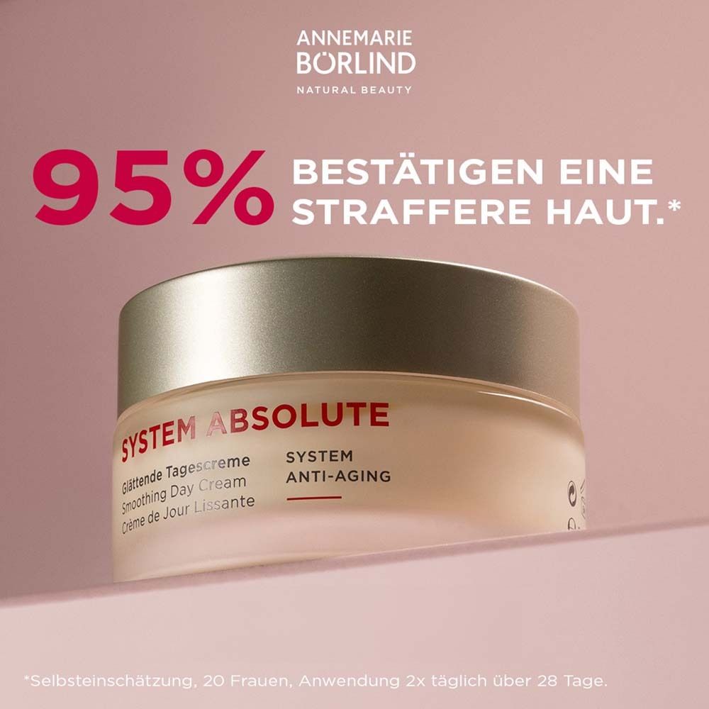 Cremetiegel. Aufschrift: SYSTEM ABSOLUTE, Glättende Tagescreme, Smoothing Day Cream, Crème de Jour Lissante, SYSTEM ANTI-AGING.