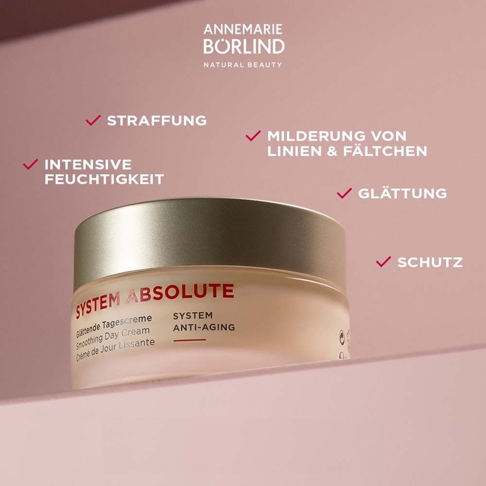 Cremetiegel. Aufschrift: SYSTEM ABSOLUTE, Glättende Tagescreme, Smoothing Day Cream, Crème de Jour Lissante, SYSTEM ANTI-AGING.