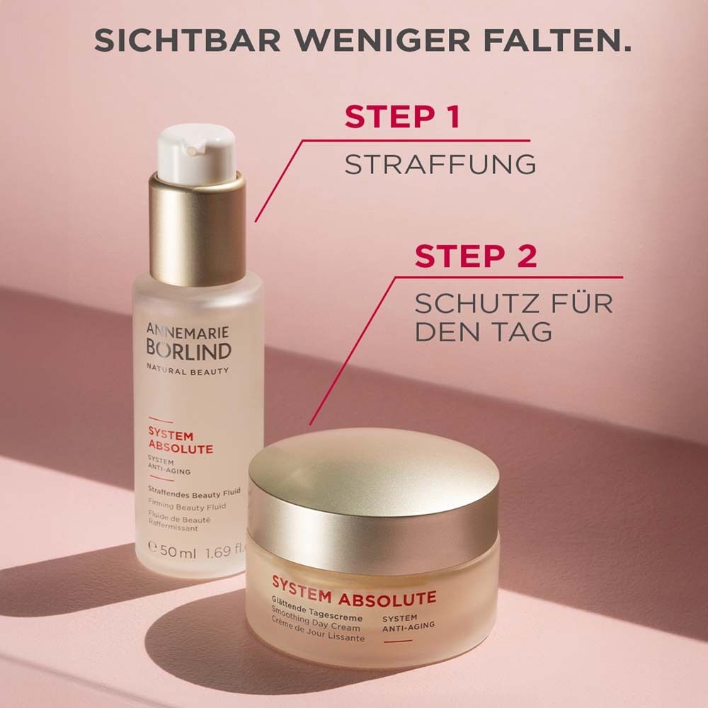 Zwei Cremes. Aufschrift: ANNEMARIE BÖRLIND. Text: Sichtbar weniger Falten. Schritt 1: Straffung. Schritt 2: Schutz für den Tag.