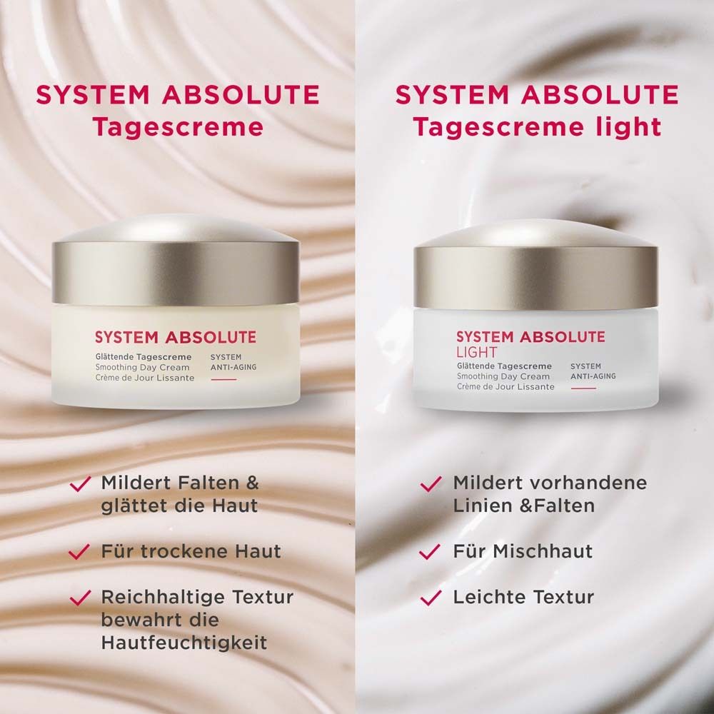 Zwei Creme-Tiegel. Links: SYSTEM ABSOLUTE Tagescreme. Rechts: SYSTEM ABSOLUTE LIGHT Tagescreme. Text: Mildert Falten & glättet die Haut.