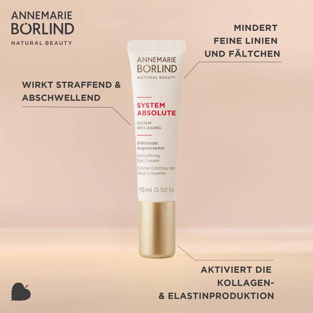 Creme-Tube. Text: ANNEMARIE BÖRLIND, SYSTEM ABSOLUTE, Glättende Augencreme. Text-Elemente.