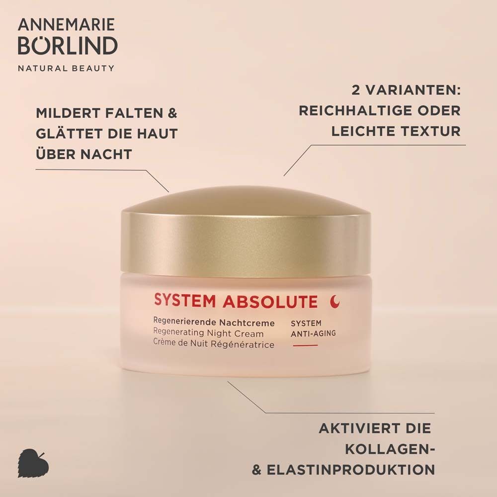Creme-Tiegel mit Deckel. Text: SYSTEM ABSOLUTE LIGHT, Regenerierende Nachtcreme. Hinweise: 2 Varianten, aktiviert Kollagen.