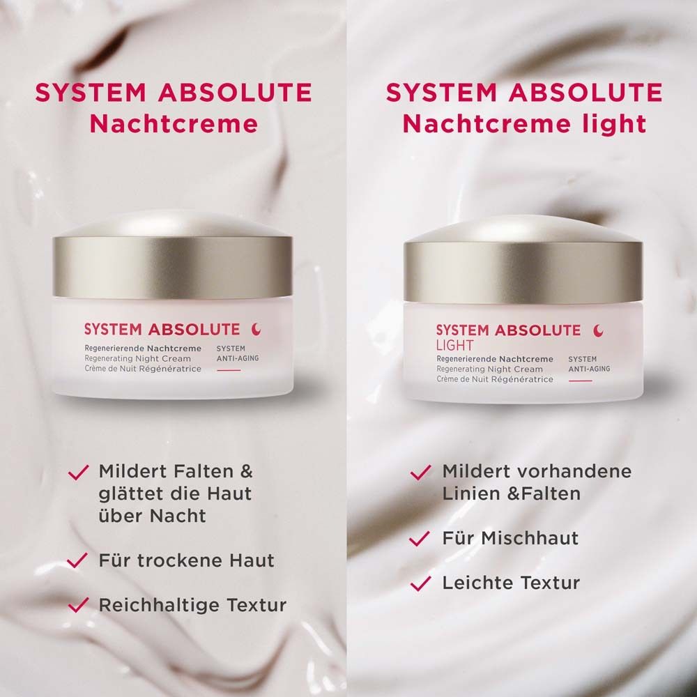 Zwei Creme-Tiegel nebeneinander. Links: SYSTEM ABSOLUTE Nachtcreme. Rechts: SYSTEM ABSOLUTE LIGHT Nachtcreme.