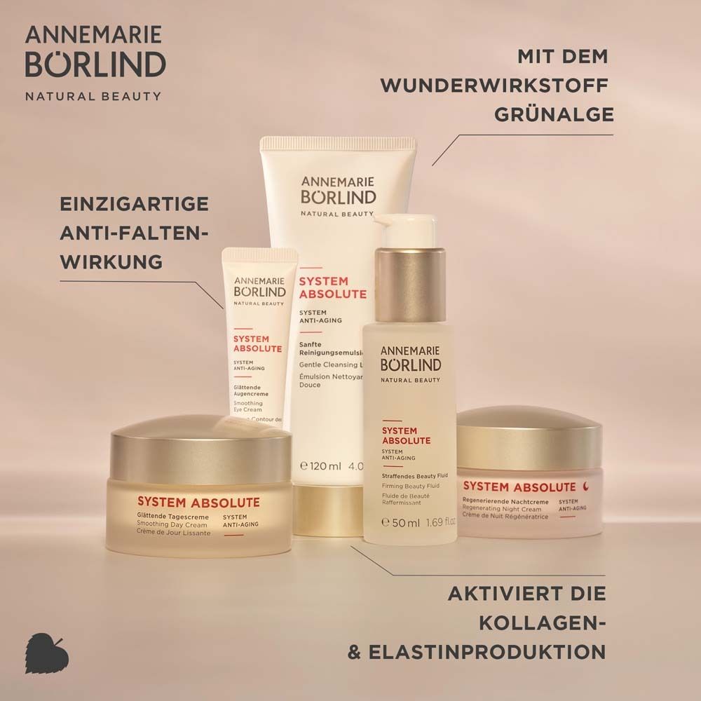Produktreihe: Cremes, Reinigung, Serum. Text: SYSTEM ABSOLUTE, aktiviert Kollagen & Elastinproduktion.