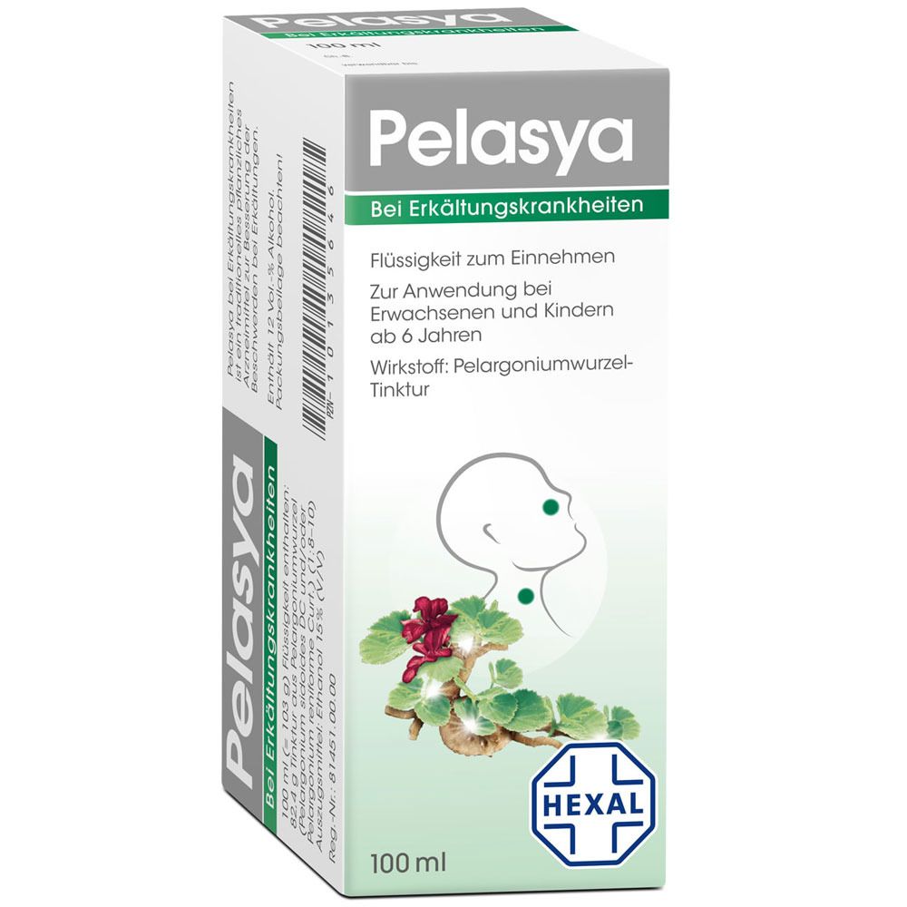 Pelasya-Verpackung, weiß-grün. Aufschrift: Pelasya, Bei Erkältungskrankheiten. 100 ml. Illustration: Pflanze und Hals.