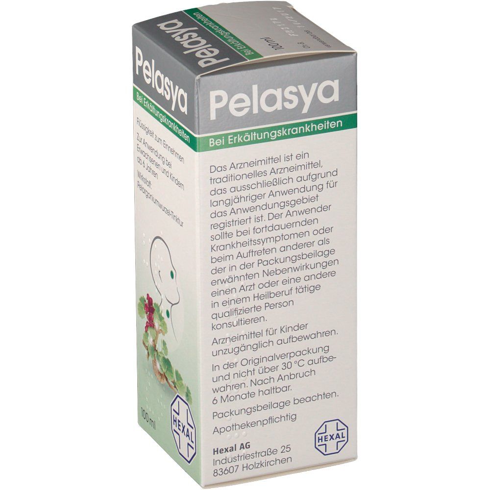 Pelasya-Verpackung, weiß-grün. Aufschrift: Pelasya, Bei Erkältungskrankheiten. Text über das Arzneimittel. 100 ml.