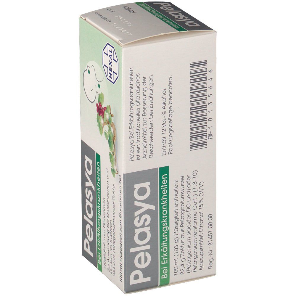 Pelasya-Verpackung, weiß-grün. Aufschrift: Pelasya, Bei Erkältungskrankheiten. Text: 100 ml Flüssigkeit. Enthält 12 % Vol. Alkohol.