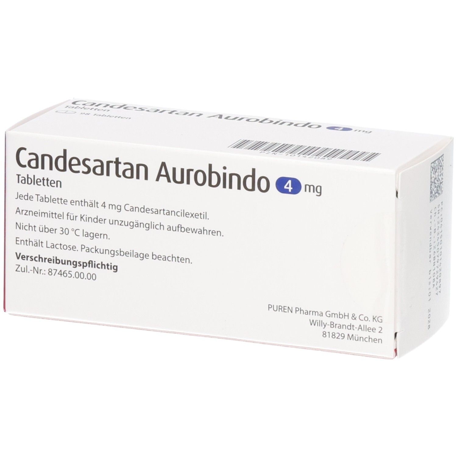 Candesartan Aurobindo 4mg Tabletten Schachtel mit Dosierungsangaben.