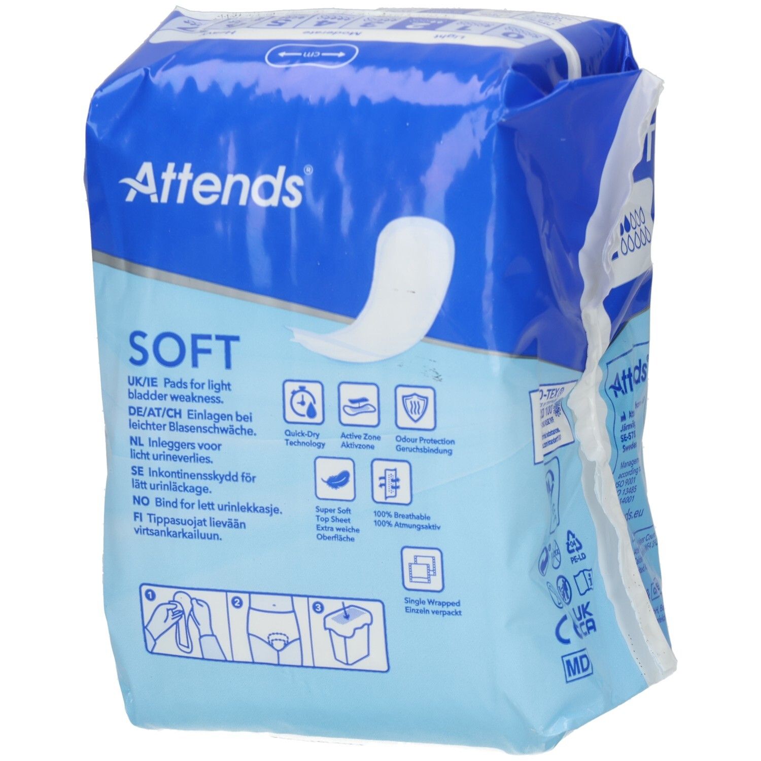 Attends Soft Einlagen. Verpackung mit Produktinformationen, Icons und Text in verschiedenen Sprachen.