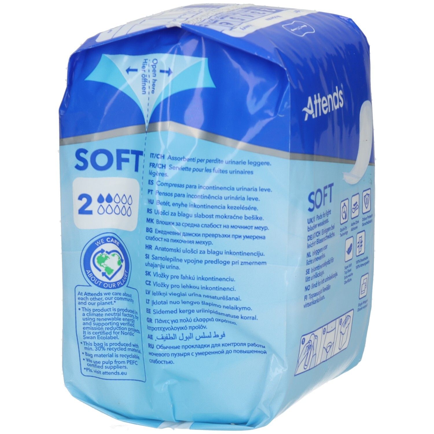 Attends Soft Einlagen. Verpackung mit Produktinformationen, Icons und Text in verschiedenen Sprachen.