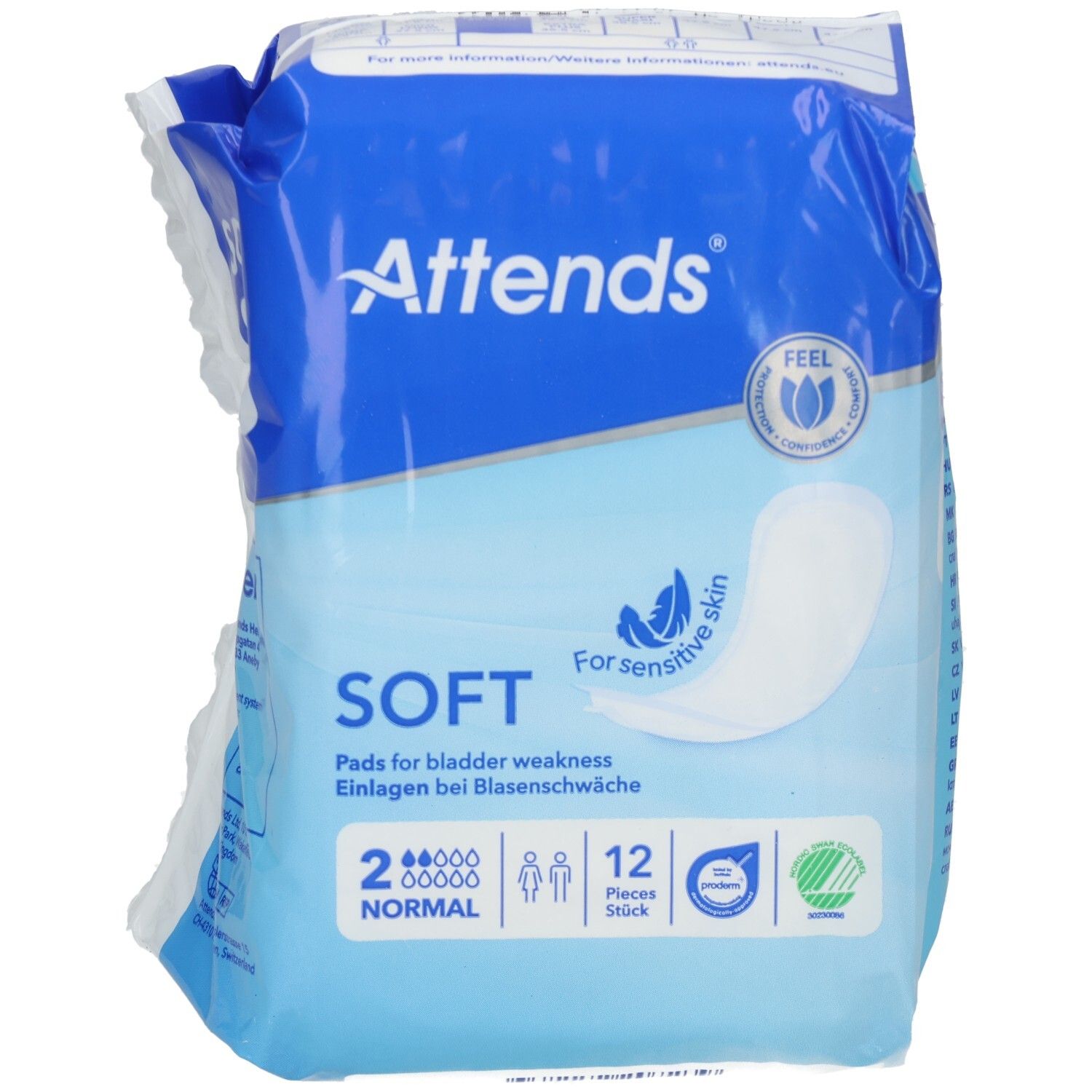 Attends Soft 2 Normal Einlagen. Verpackung mit 12 Stück. Blaue Verpackung mit Produktabbildung und Logo.