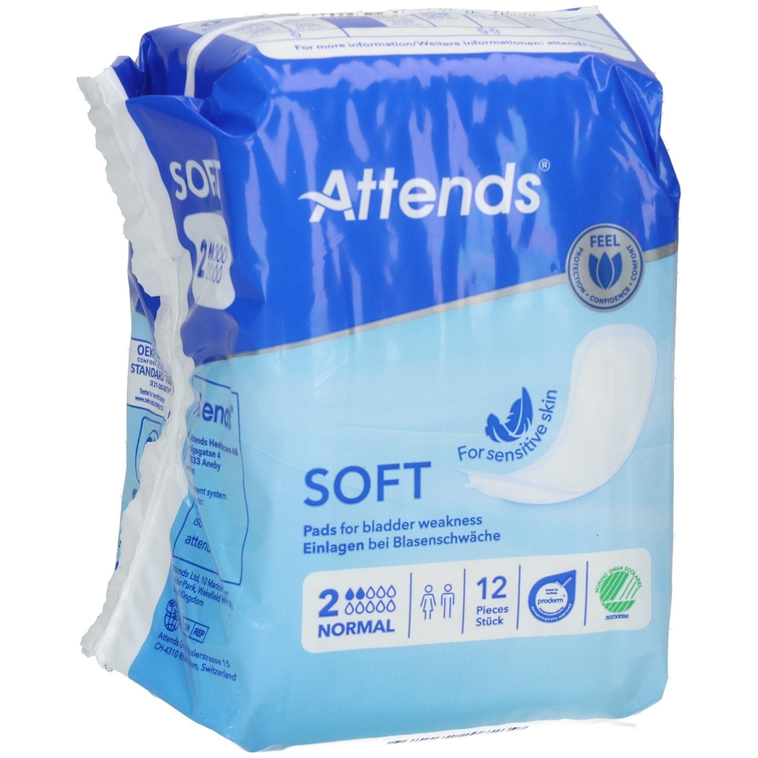 Attends Soft 2 Normal Einlagen. Verpackung mit 12 Stück. Blaue Verpackung mit Produktabbildung und Logo.