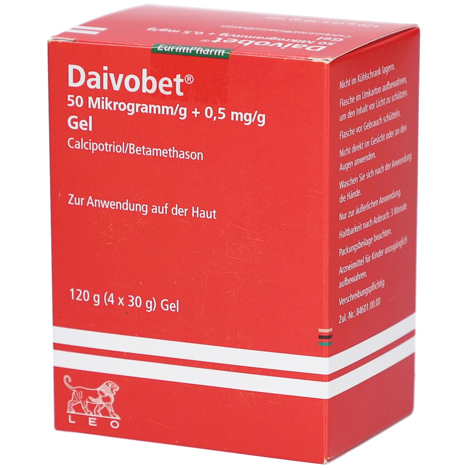 Rote Faltschachtel mit Produktinformationen. Aufschrift: Daivobet 50 Mikrogramm/g + 0,5 mg/g Gel. Enthält Calcipotriol/Betamethason.
