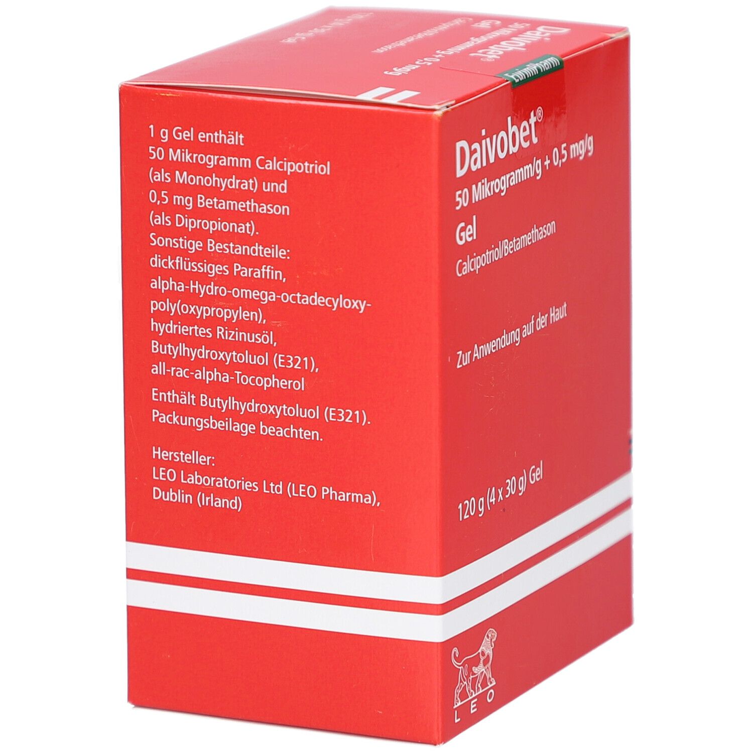 Rote Faltschachtel mit Produktinformationen. Enthält Inhaltsstoffe wie Calcipotriol und Betamethason. Hersteller: LEO Laboratories Ltd.