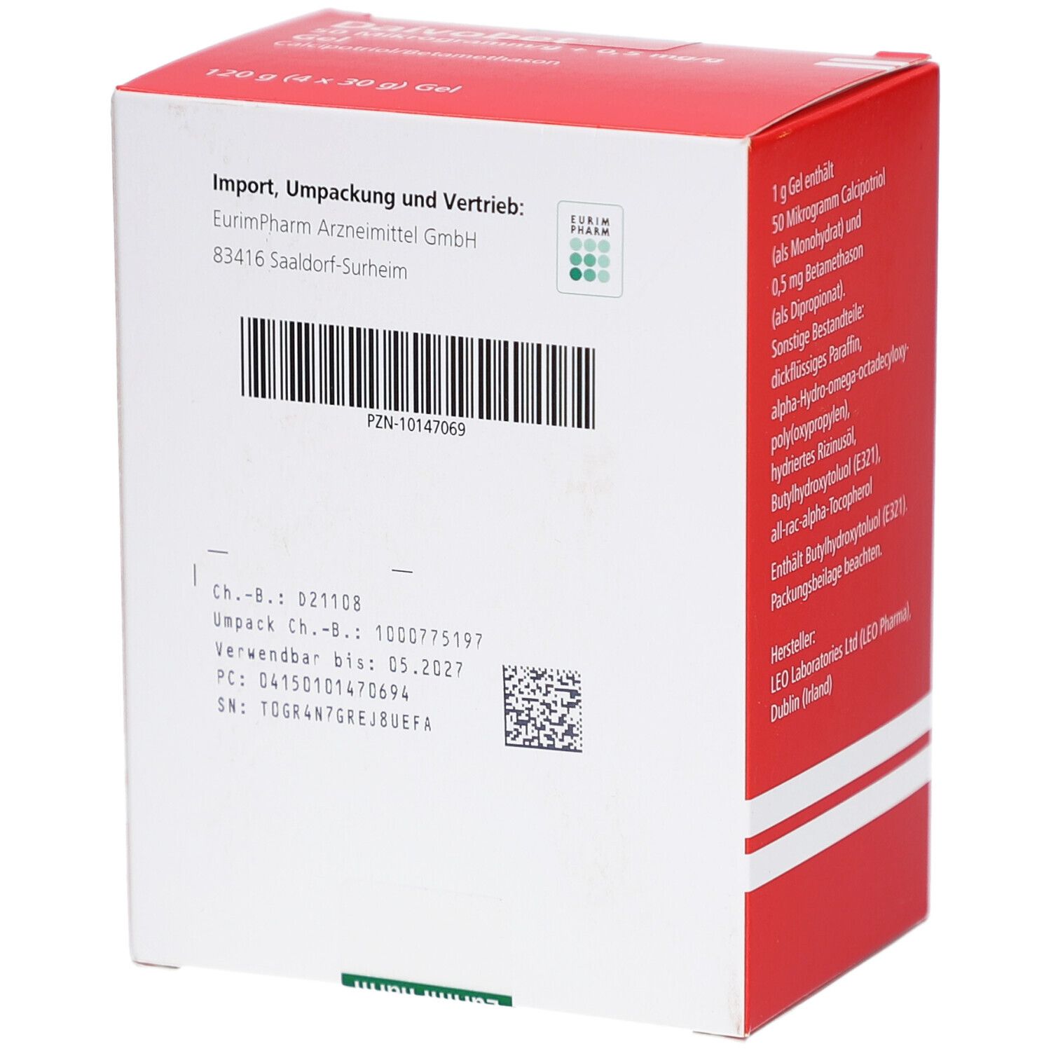 Rückseite der roten Faltschachtel. Enthält Informationen zu Import, Vertrieb und Chargennummer. Mit Barcode und PZN-Nummer.