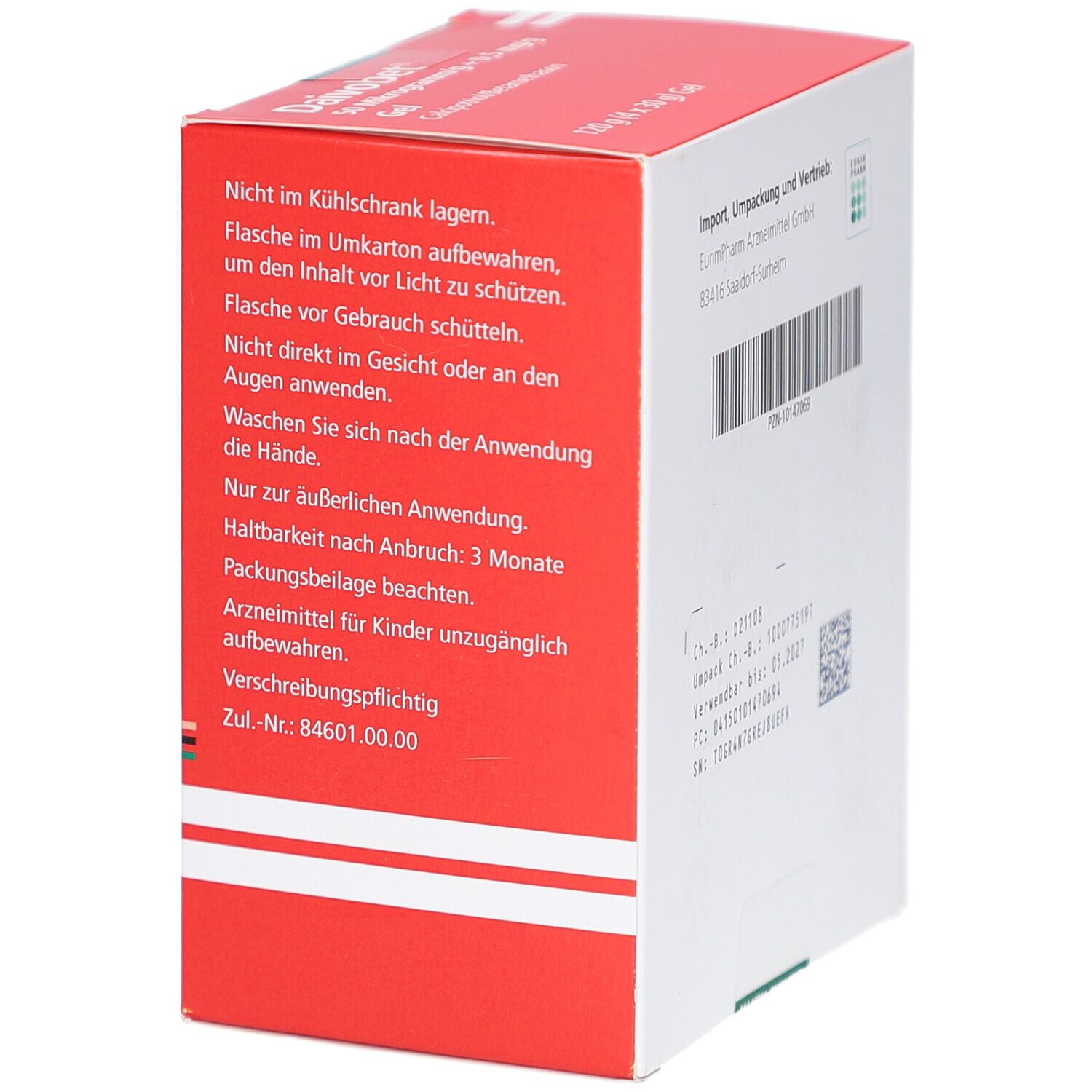 Rote Faltschachtel mit Warnhinweisen und Gebrauchsanweisung. Enthält Informationen zur Lagerung und Anwendung.