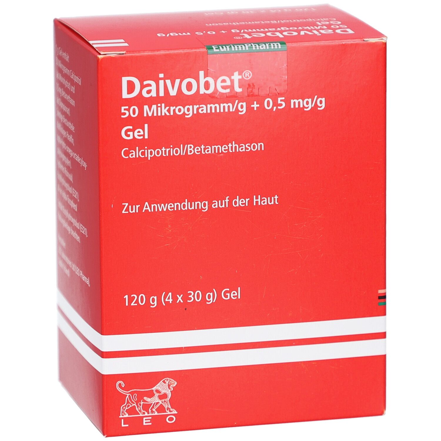 Rote Faltschachtel mit Produktinformationen. Aufschrift: Daivobet 50 Mikrogramm/g + 0,5 mg/g Gel. Enthält Calcipotriol/Betamethason.