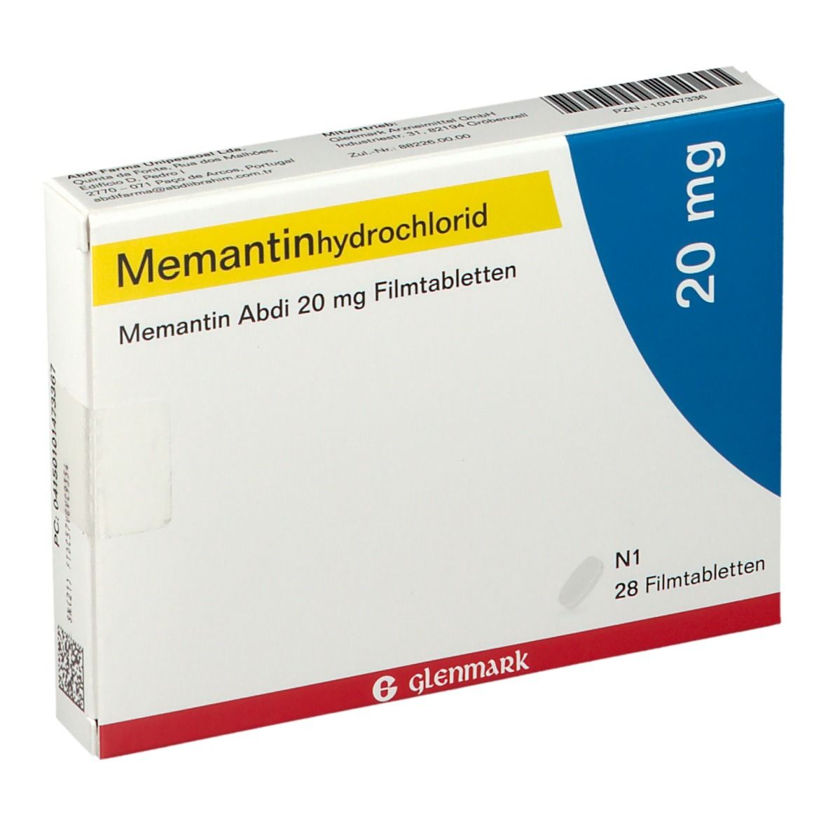 Schachtel mit Memantin Abdi 20 mg Filmtabletten. Aufschrift: Memantinhydrochlorid, 20 mg. Enthält 28 Tabletten. Marke: Glenmark.