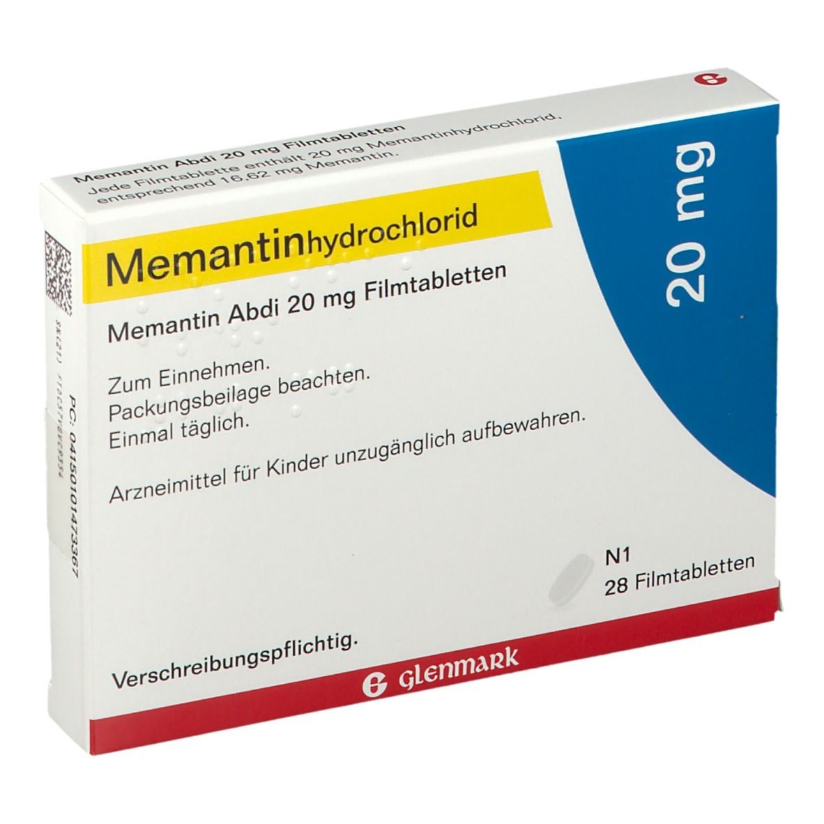 Schachtel Memantin Abdi 20 mg Filmtabletten. Aufschrift: Memantinhydrochlorid, 20 mg. Enthält 28 Tabletten. Text: Zum Einnehmen. Marke: Glenmark.