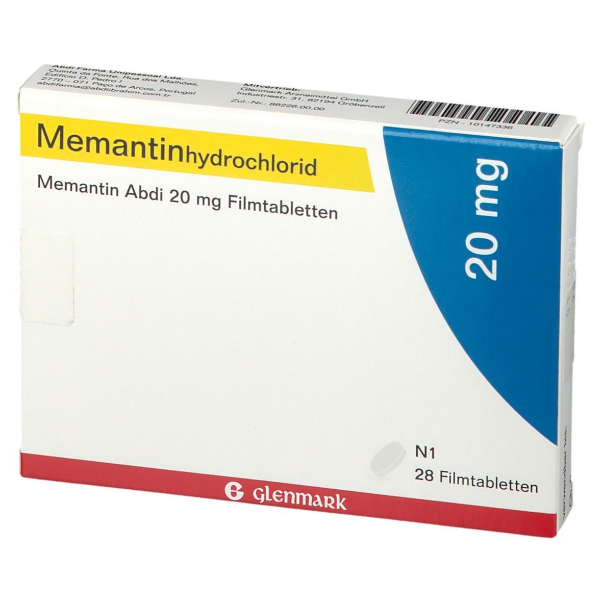 Schachtel Memantin Abdi 20 mg Filmtabletten. Aufschrift: Memantinhydrochlorid, 20 mg. Enthält 28 Tabletten. Marke: Glenmark. Blaues Design mit rotem Streifen.
