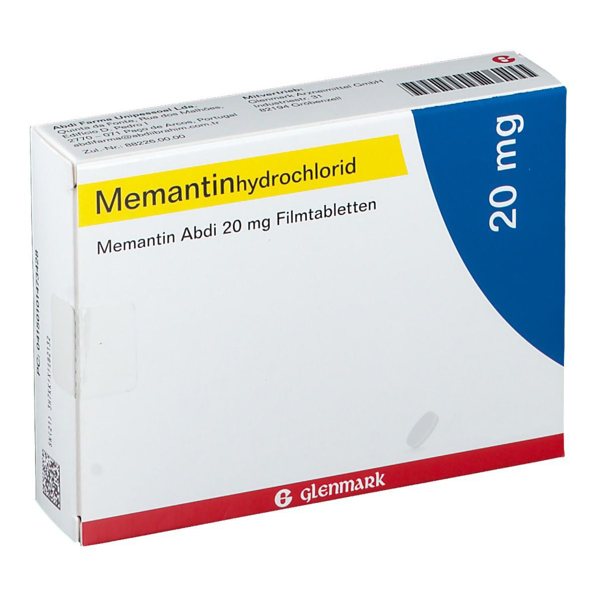 Schachtel Memantin Abdi 20 mg Filmtabletten. Aufschrift: Memantinhydrochlorid, 20 mg. Enthält 28 Tabletten. Marke: Glenmark. Blaues Design.
