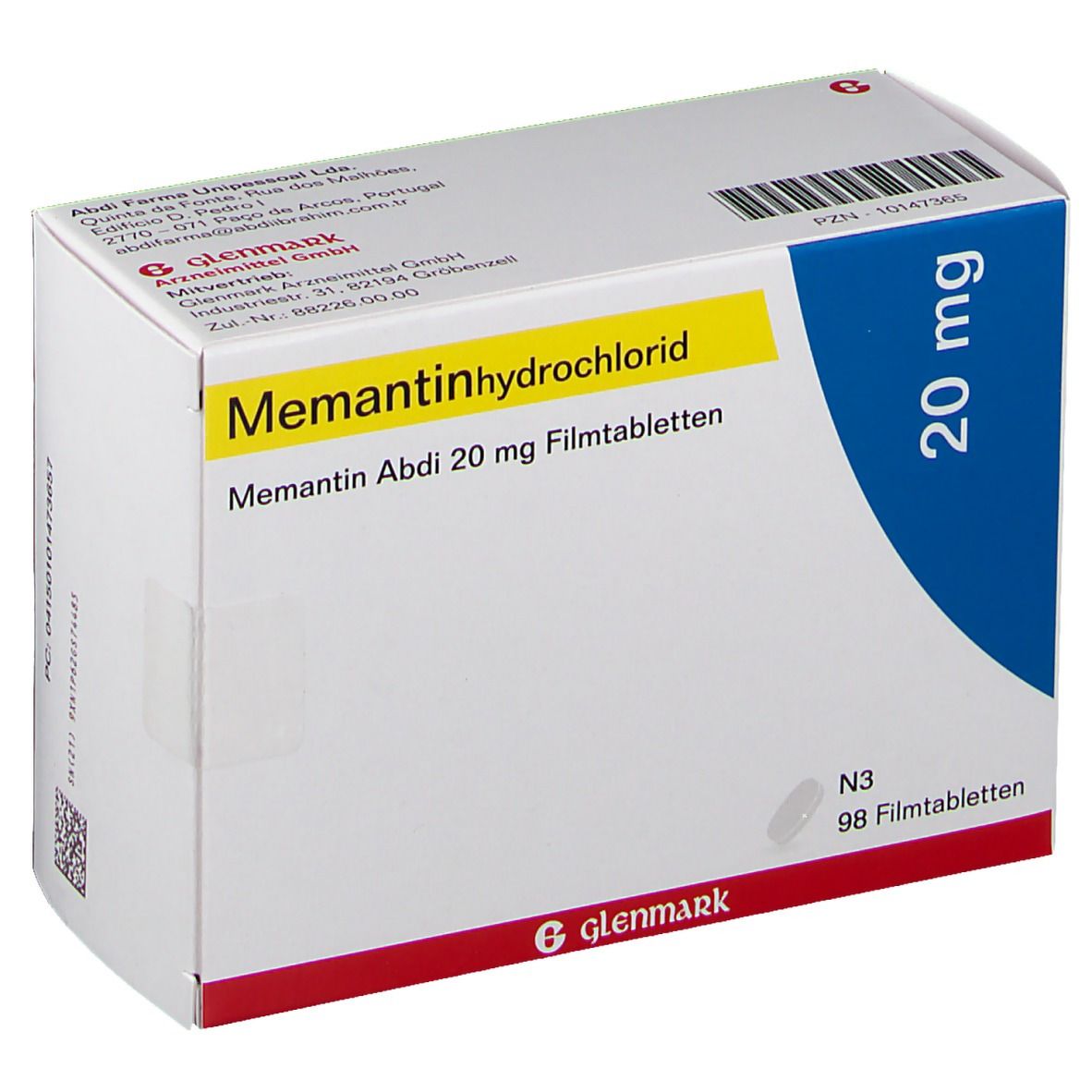 Schachtel mit Memantin Abdi 20 mg Filmtabletten. Gelber Streifen mit Produktnamen. Blaue Markierung mit 20 mg. Glenmark-Logo.
