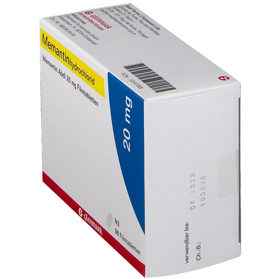 Schachtel Memantin Abdi 20 mg. Blaue Markierung mit 20 mg. Glenmark-Logo. Verfallsdatum 04/2022. N3, 98 Filmtabletten.