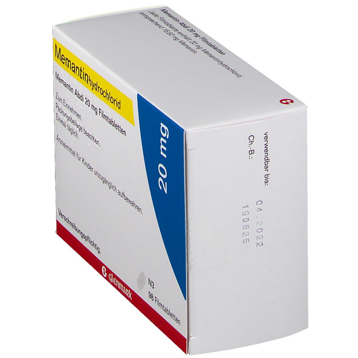 Schachtel Memantin Abdi 20 mg. Blaue Markierung mit 20 mg. Glenmark-Logo. Verfallsdatum 04/2022. N3, 98 Filmtabletten.