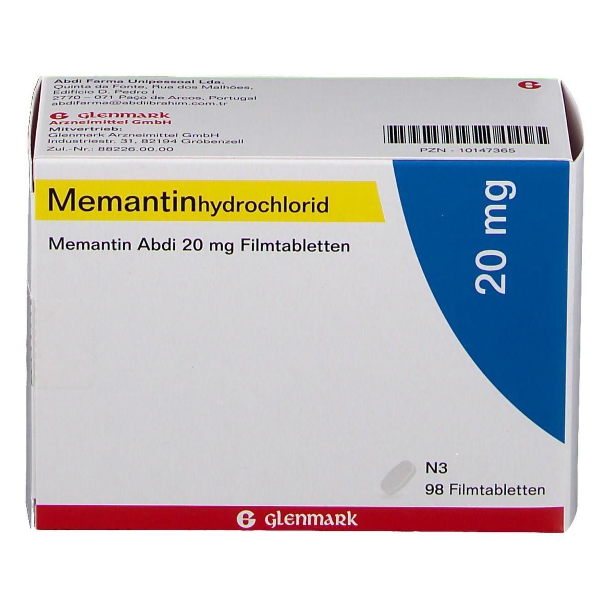 Schachtel Memantin Abdi 20 mg Filmtabletten. Gelber Streifen mit Produktnamen. Blaue Markierung mit 20 mg. Glenmark-Logo.