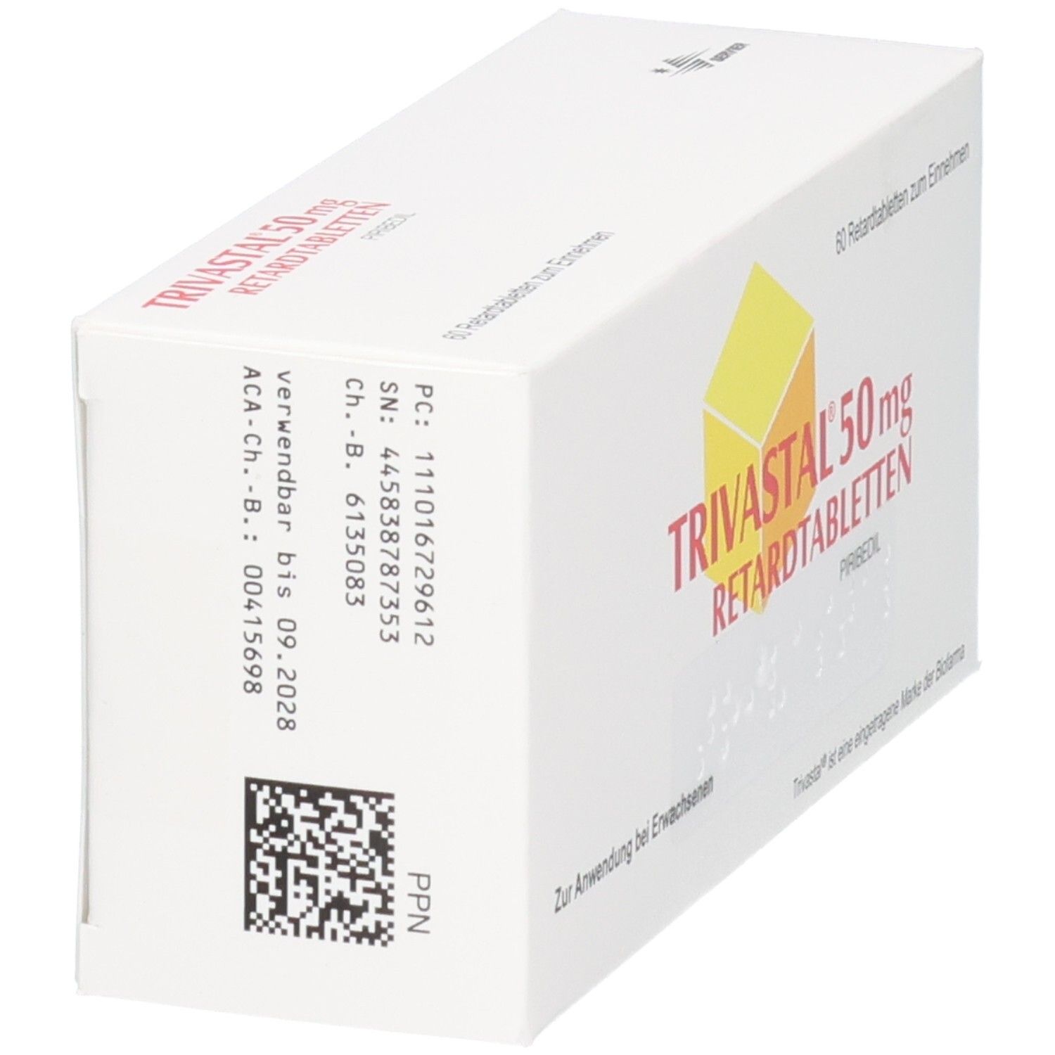 Seitenansicht der Trivastal 50 mg Retardtabletten Verpackung mit Chargen- und Verfallsdaten.