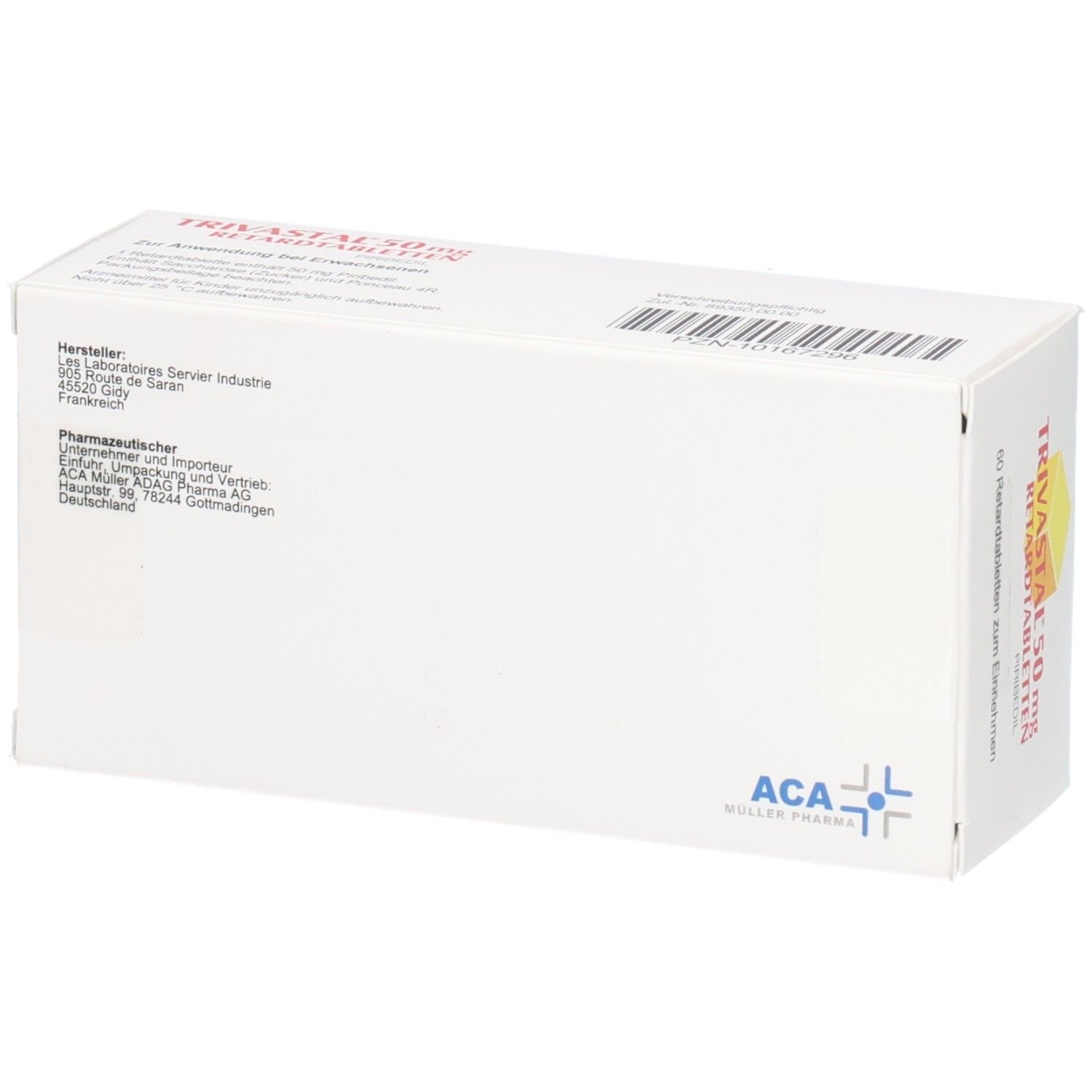 Rückseite der Trivastal 50 mg Retardtabletten Verpackung mit Herstellerinformationen.