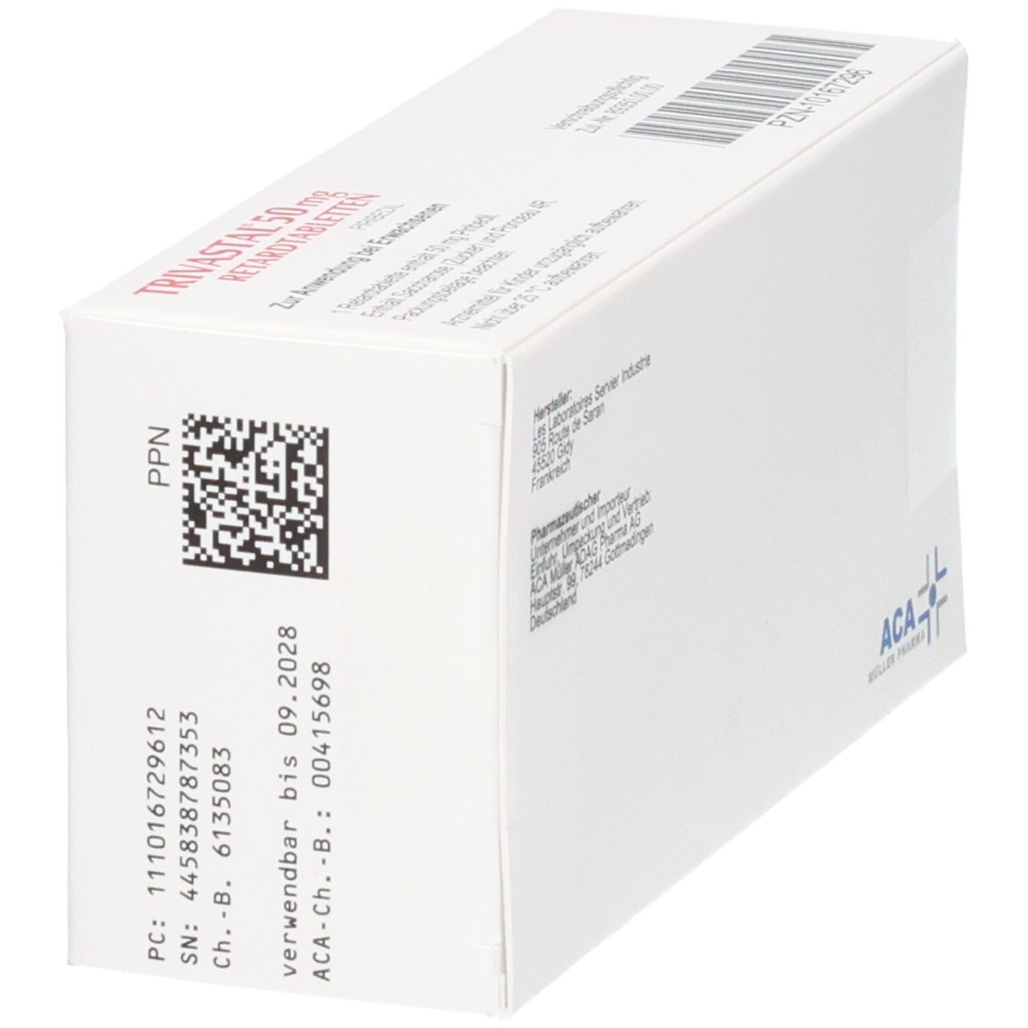 Seitenansicht der Trivastal 50 mg Retardtabletten Verpackung mit Hersteller- und Chargendaten.
