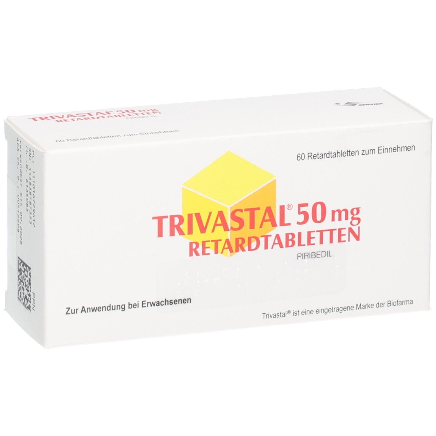 Verpackung von Trivastal 50 mg Retardtabletten, 60 Stück, mit Piriibedil.