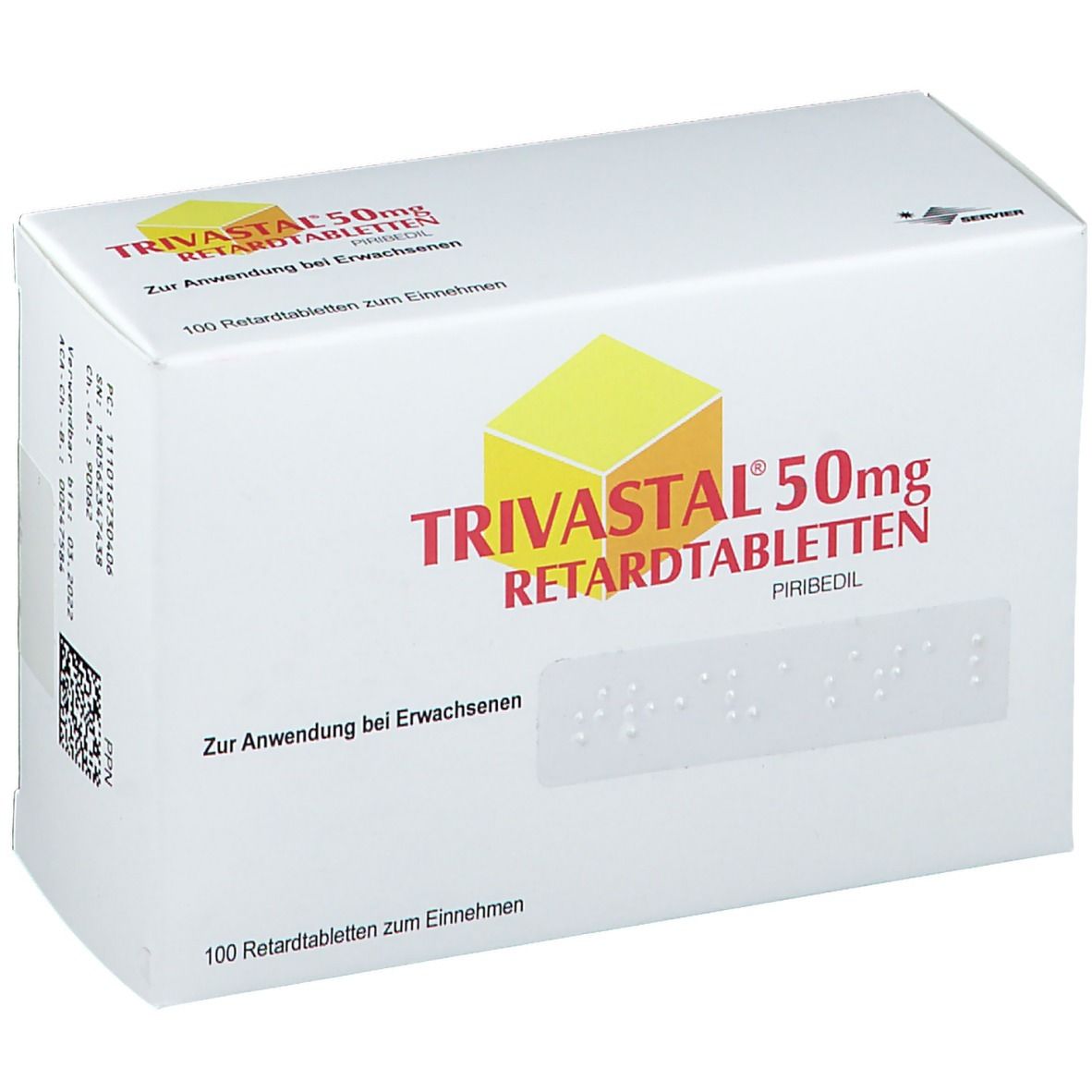 Weiße Faltschachtel mit Aufschrift TRIVASTAL 50mg RETARDTABLETTEN. Braille-Schrift. 100 Retardtabletten. Gelbes Logo.