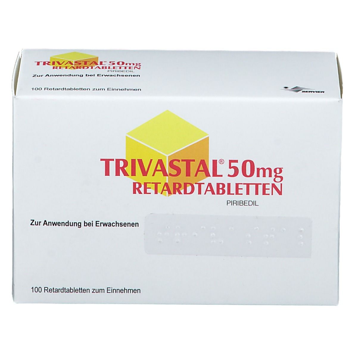 Weiße Faltschachtel mit Aufschrift TRIVASTAL 50mg RETARDTABLETTEN. Braille-Schrift. 100 Retardtabletten. Gelbes Logo.
