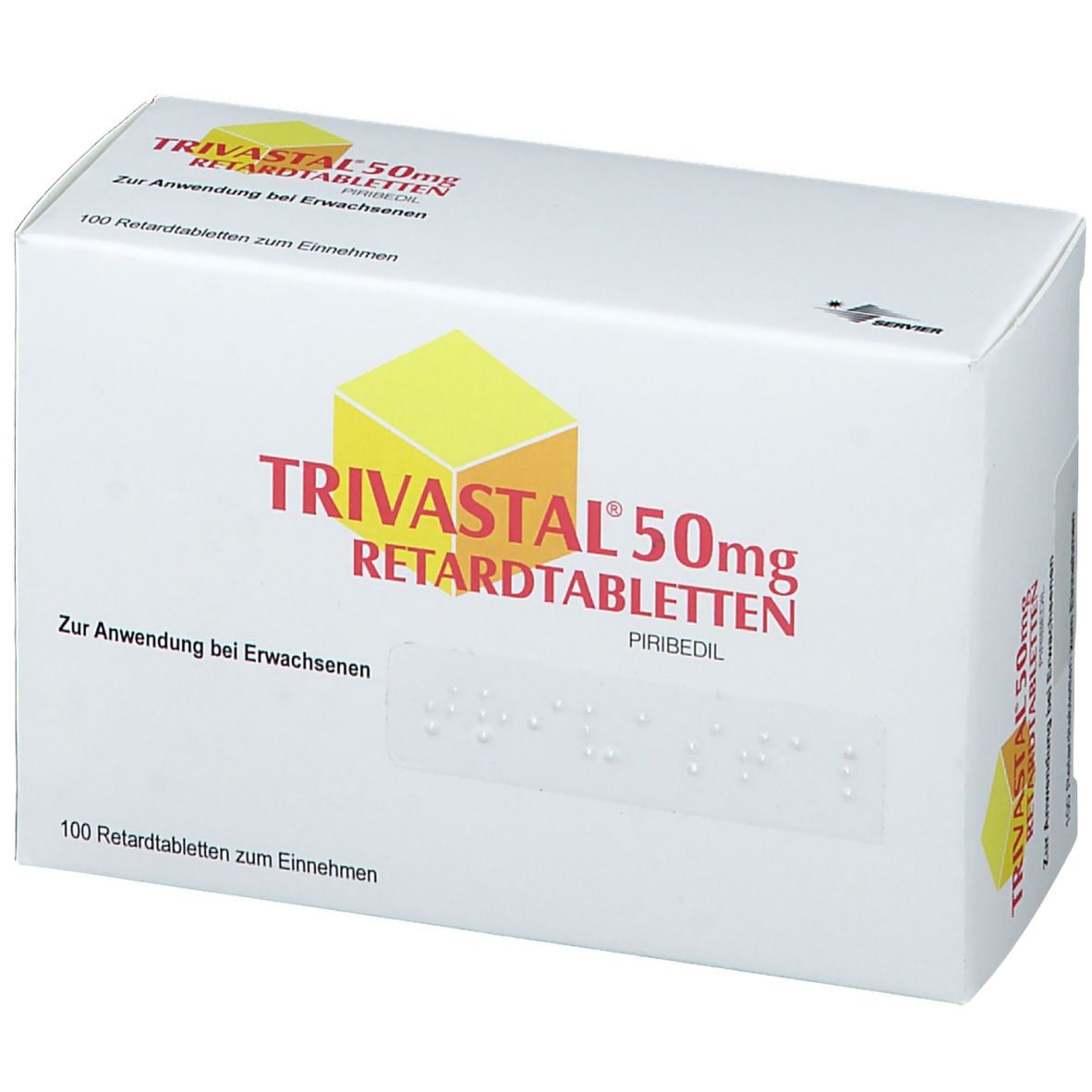 Weiße Faltschachtel mit Aufschrift TRIVASTAL 50mg RETARDTABLETTEN. Braille-Schrift. 100 Retardtabletten. Gelbes Logo.